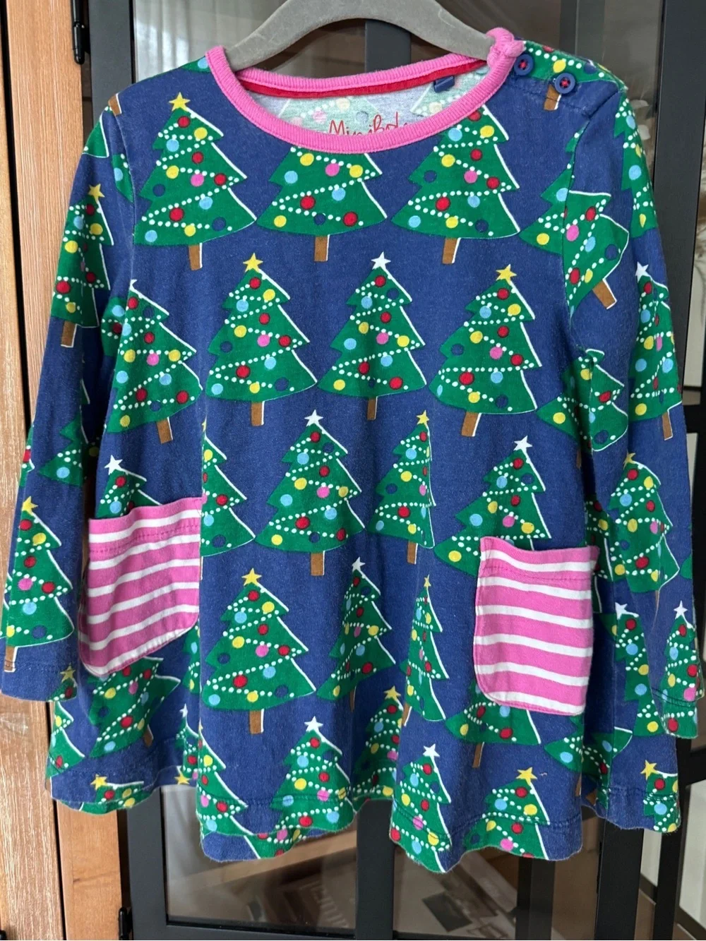 Mini Boden christmas trees dress long sleeve toddler girl navy striped pockets